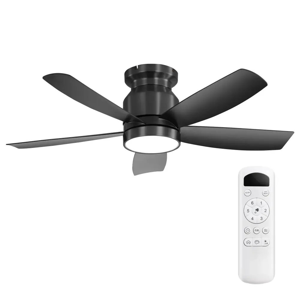 Flush Mount Ceiling Fan 18W LED Light And Remote Control Blades - Jet-black