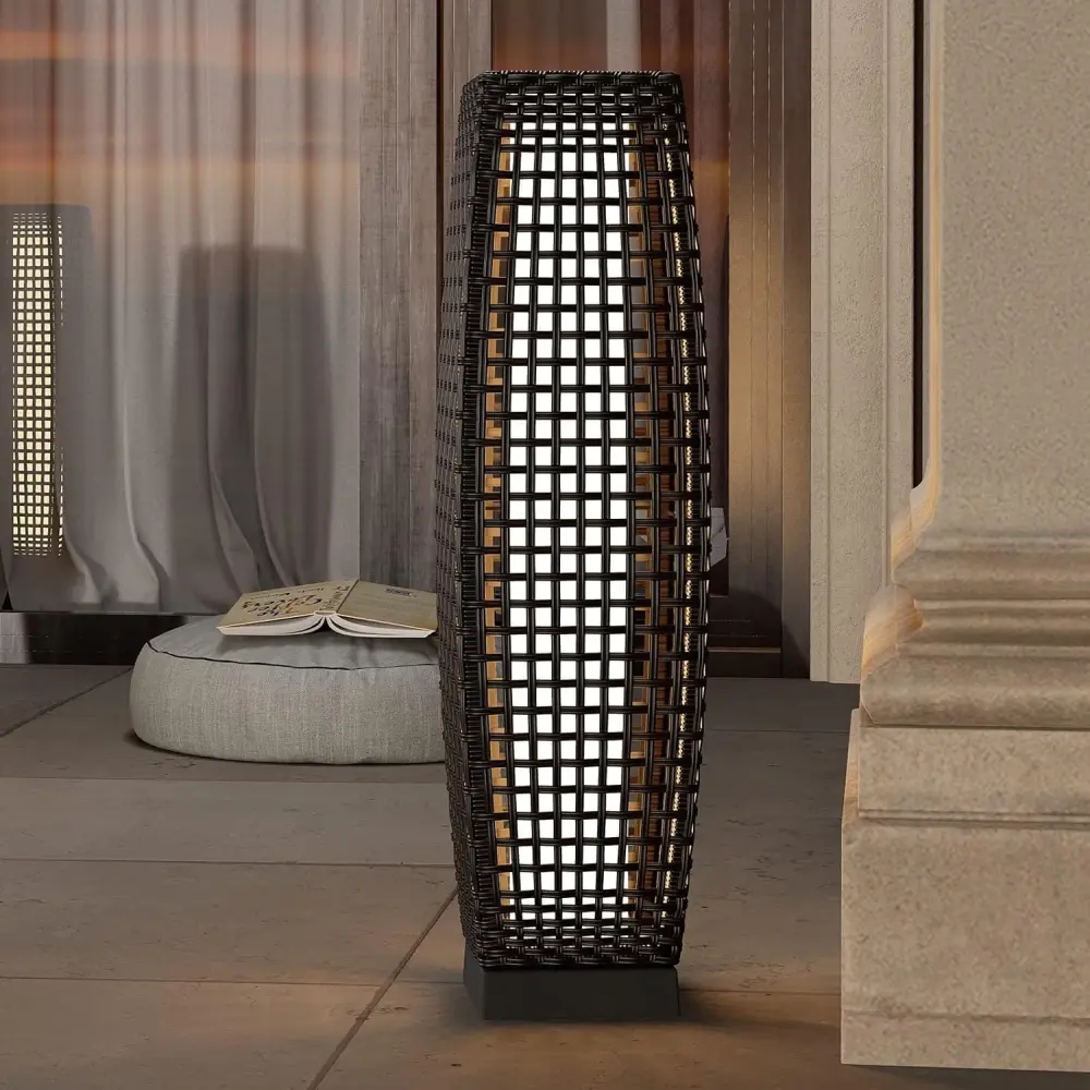 Water-Resistant Lantern Hollow Rattan Wicker Outdoor Solar Floor Lamp-FUJI
