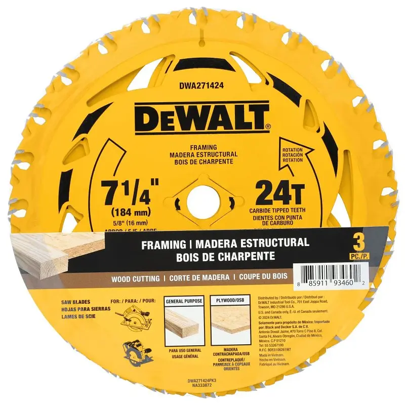 DEWALT DWA271424PK3 Circular Saw Blade, 7-1/4 Dia, 5/8 Arbor, 24-Teeth, Carbide Cutting Edge