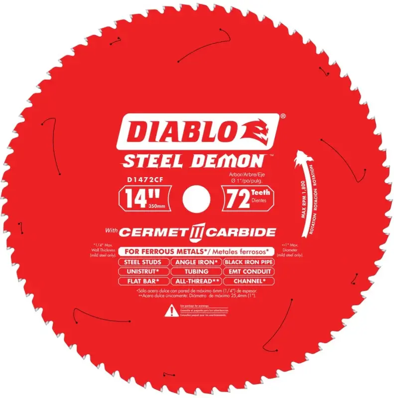 Diablo D1472CF Circular Saw Blade, 14 Dia, 1 Arbor, 72-Teeth, Cermet Cutting Edge