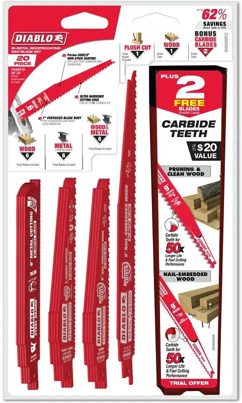 Diablo DS0020SPC2 Reciprocating Saw Blade Set, 20-Piece, Bi-Metal, Cherry