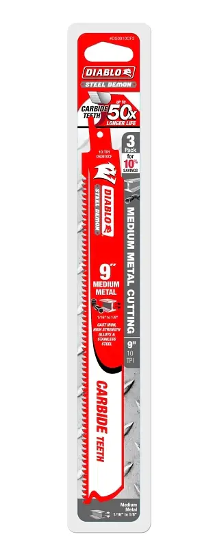 Diablo DS0910CF3 Series Reciprocating Saw Blade, Applicable Materials: Steel, 9 L, 10 TPI, Carbide Cutting Edge, 3/PK