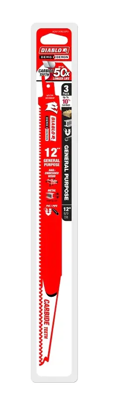 Diablo DS1209CGP3 Series Reciprocating Saw Blade, Applicable Materials: Metallic, Wood, 12 L, 6/9 TPI, 3/PK