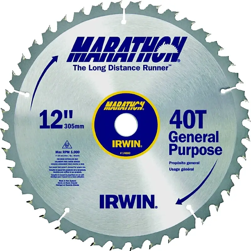Irwin Marathon 14080 Table Saw Blade, 12 Dia, 1 Arbor, 40-Teeth, Carbide Cutting Edge