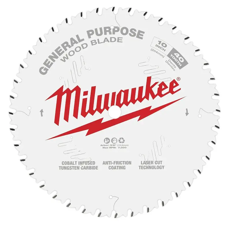 Milwaukee 48-40-1024 Circular Saw Blade, 10 Dia, 5/8 Arbor, 40-Teeth, Carbide Cutting Edge, 1/PK