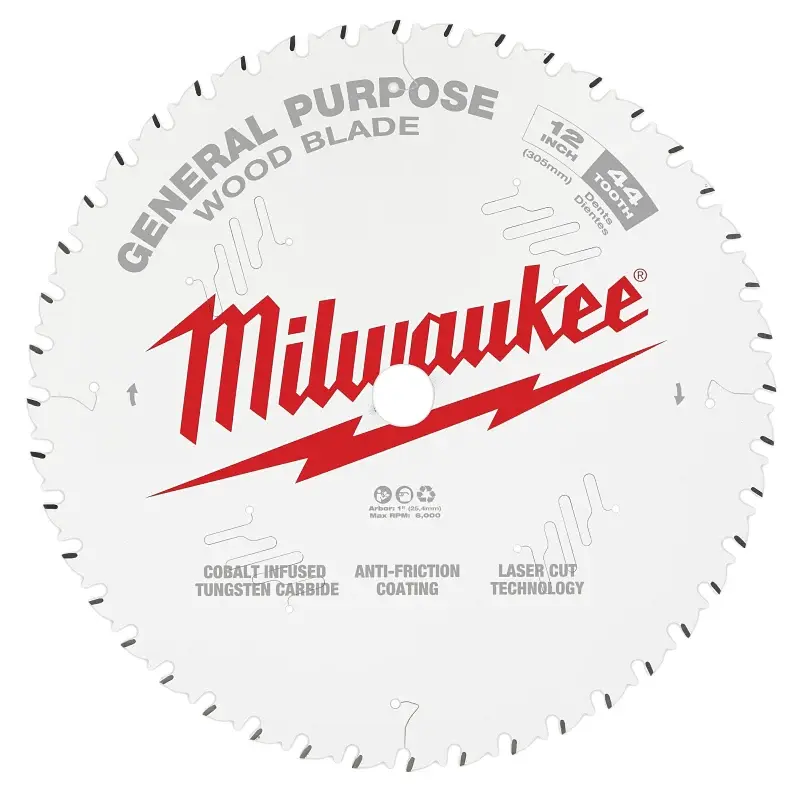 Milwaukee 48-40-1220 Circular Saw Blade, 12 Dia, 1 Arbor, 44-Teeth, Cobalt/Tungsten Carbide Cutting Edge
