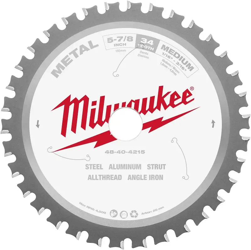 Milwaukee 48-40-4215 Circular Saw Blade, 5-7/8 Dia, 20 mm Arbor, 34-Teeth, Carbide Cutting Edge