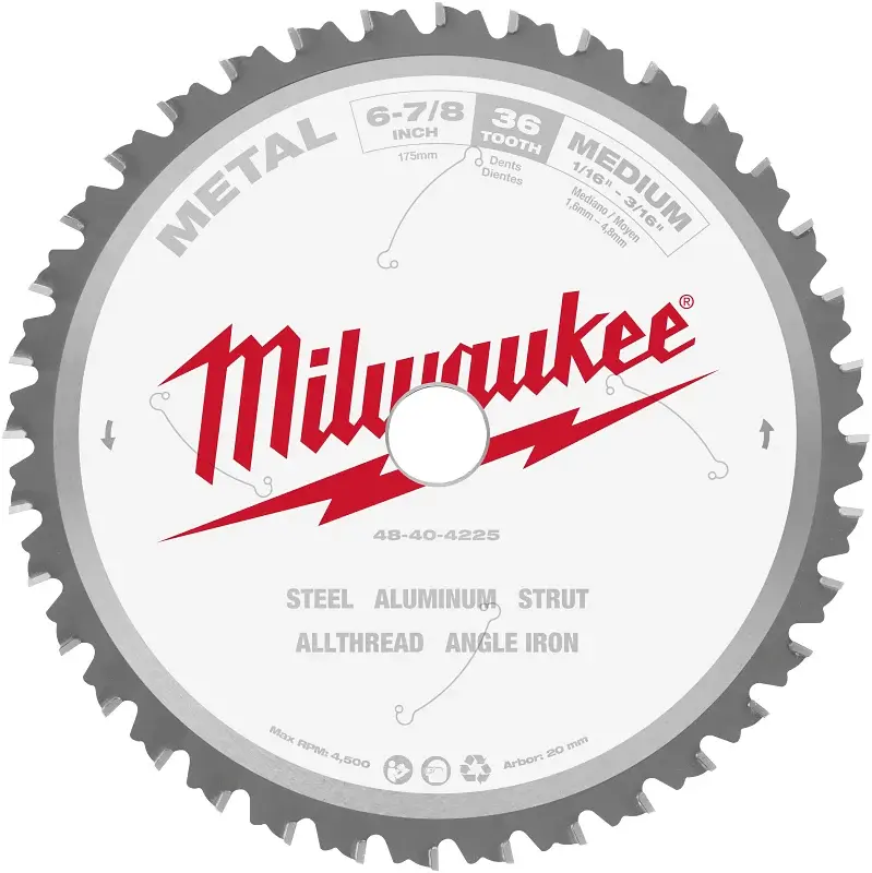 Milwaukee 48-40-4225 Circular Saw Blade, 6-7/8 Dia, 20 mm Arbor, 36-Teeth, Carbide Cutting Edge