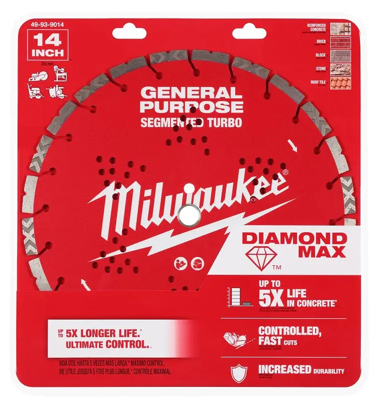 Milwaukee DIAMOND MAX 49-93-9014 Turbo General-Purpose Saw Blade, 14 Dia, 1 -20 mm Arbor, Segmented Rim
