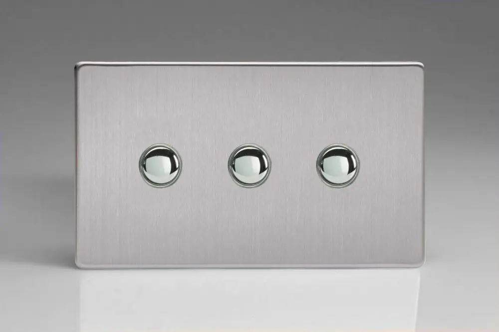 Dimmer Slide Varilight 3-Gang 6A 1- or 2-Way Push-On/Off Impulse Switch (Twin Plate) Brushed Stainless XDSP3S