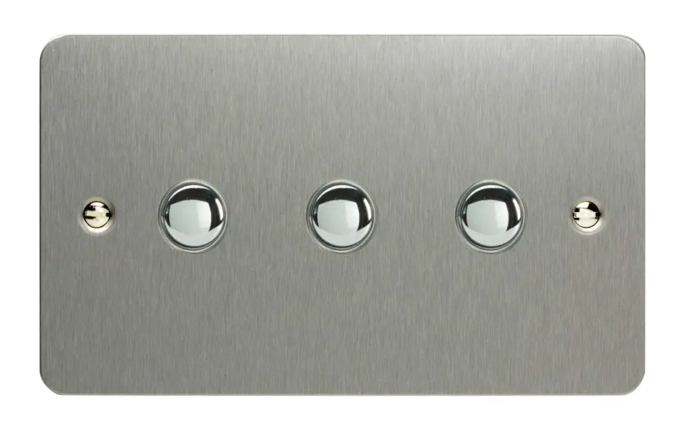 Three Way Varilight 3-Gang 6A 1- or 2-Way Push-On/Off Impulse Switch (Twin Plate) Satin-brushed Steel XFSP3