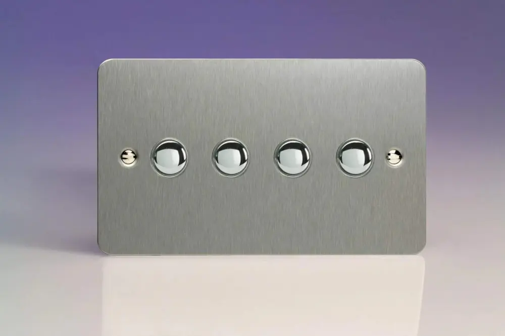 Varilight 4-Gang 6A 1- or 2-Way Push-On/Off Impulse Switch (Twin Plate) Textured Steel XFSP4 Faceplate