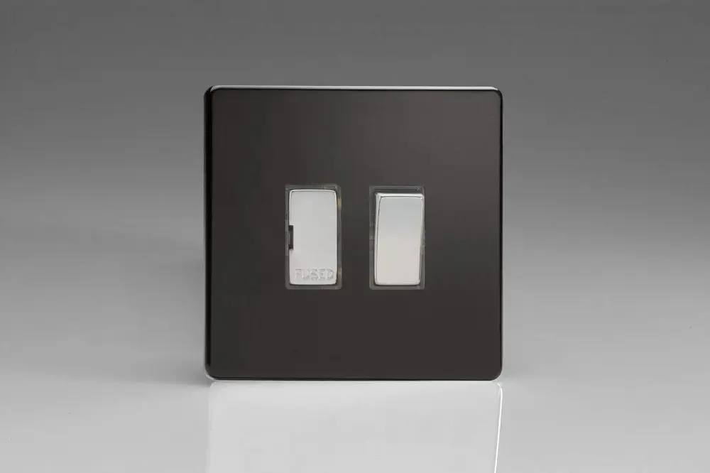 Varilight Flat Plate Screwless Jet Midnight 13A Switched Fused Spur Polished Chrome Inserts XDL6DS