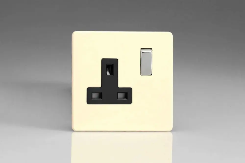 Varilight Primed Ready to Paint Flat Plate Screwless 1-Gang 13 Amp Switched Plug Socket Onyx Inserts
