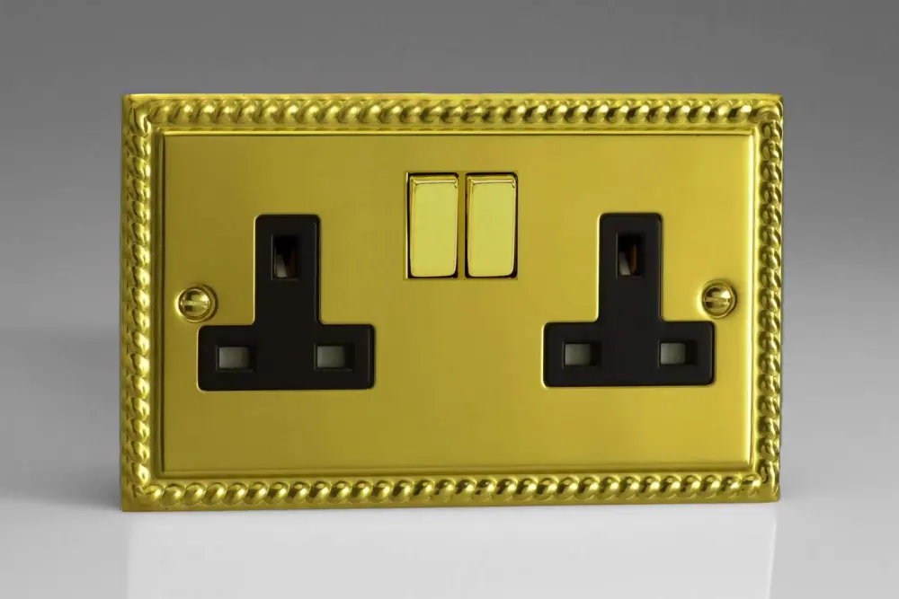 Varilight Vintage Georgian Brass 2-Gang 13A Plug Socket Decorative & Black Insert XG5DB