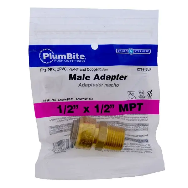 Jones Adaptable Stephens 1/2" x 1/2" MPT (Bagged) PlumBite Push On Modifyer, Lead Free, C77417LF Jones Stephens