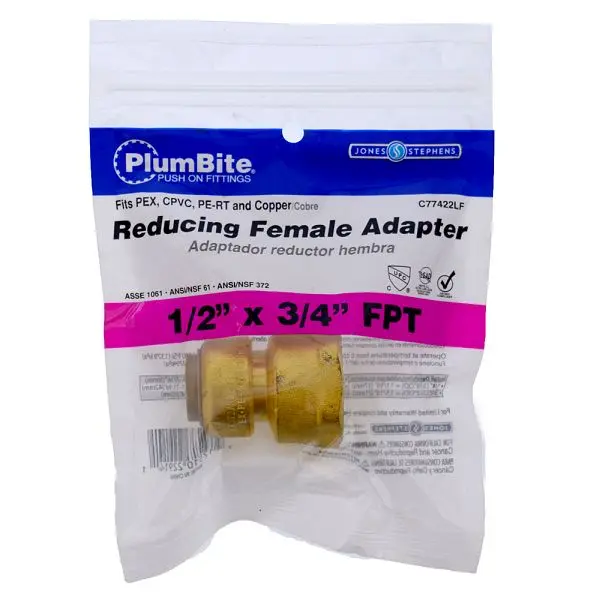 Jones Easy Stephens 1/2" x 3/4" FPT (Bagged) PlumBite Push On Reducing Modifyer, Lead Free, C77422LF Jones Stephens