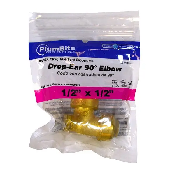 Jones Luminous Stephens 1/2" (Bagged) PlumBite Push On Drop Ear 90° Elbow, Lead Free, C77434LF Jones Stephens