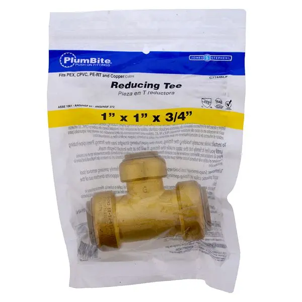 Jones Professional-Grade Stephens 1" x 1" x 3/4" (Bagged) PlumBite Push On Reducing Reducing Tee, Lead Free...