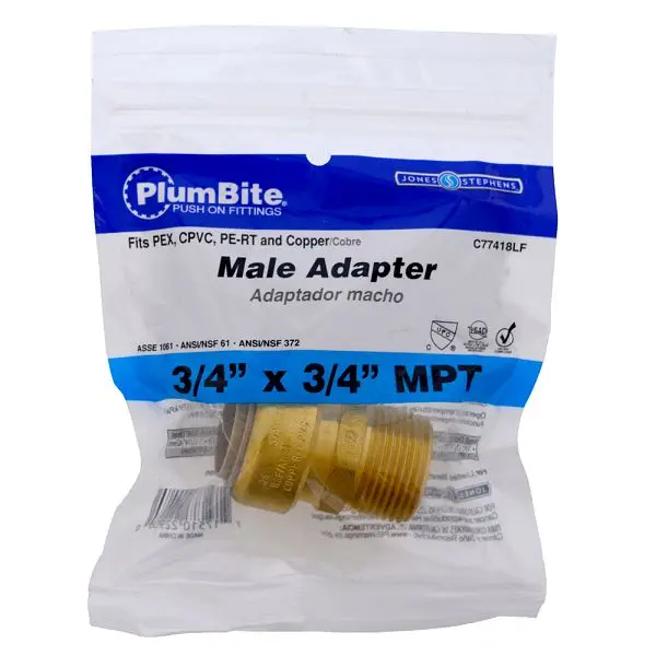 Jones Smooth Stephens 3/4" x 3/4" MPT (Bagged) PlumBite Push On Modifyer, Lead Free, C77418LF Jones Stephens