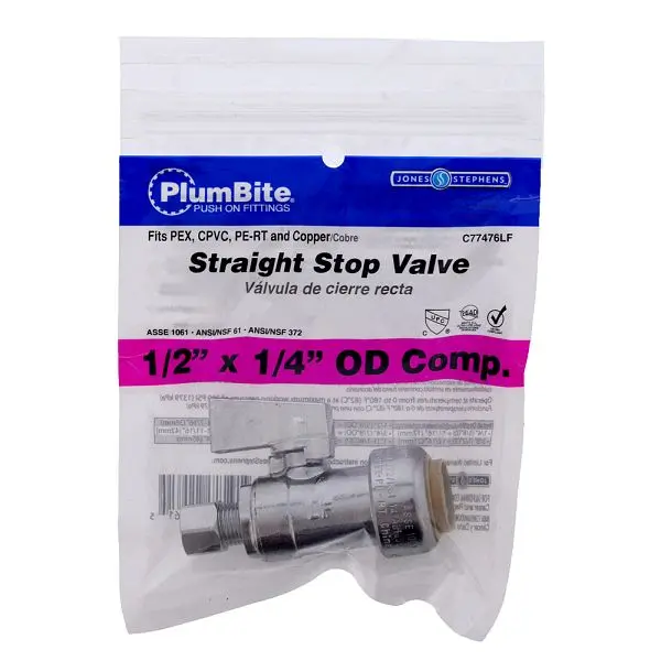 Jones Stephens 1/2" x 1/4" OD COMP (Bagged) PlumBite Push On Provide Stop, Straight, Lead Free, C77476LF