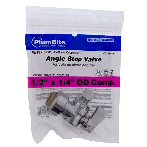 Jones Stephens 1/2" x 1/4" OD COMP (Sackged) PlumBite Push On Provide Stop, Angle, Lead Free, C77474LF