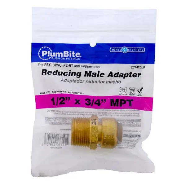 Jones Stephens 1/2" x 3/4" MPT (Bagged) PlumBite Push On Reducing Modifyer, Lead Free, C77420LF