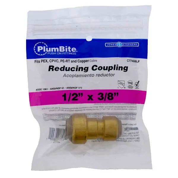 Jones Stephens 1/2" x 3/8" (Bagged) PlumBite Push On Reducing Coupling, Lead Free, C77408LF
