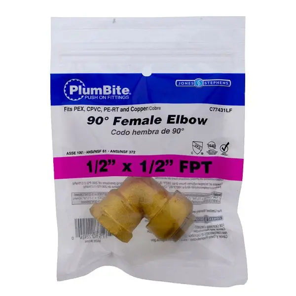 Jones Stephens 1/2" FPT (Packageged) PlumBite Push On 90° Pipe Elbow Modifyer, Lead Free, C77431LF