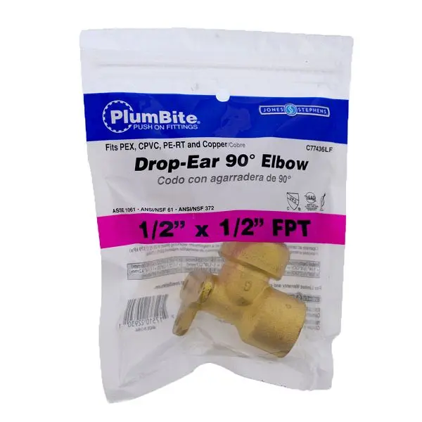 Jones Stephens 1/2" FPT (Sackged) PlumBite Push On Drop Ear 90° Sweep Elbow, Lead Free, C77436LF