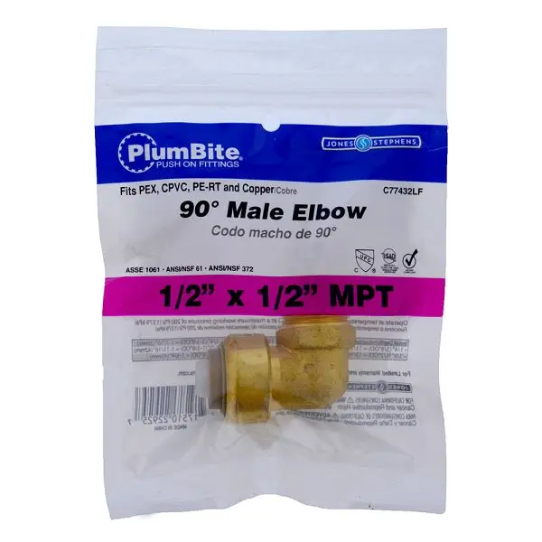 Jones Stephens 1/2" MPT (Bagged) PlumBite Push On 90° Elbow Modifyer, Lead Free, C77432LF
