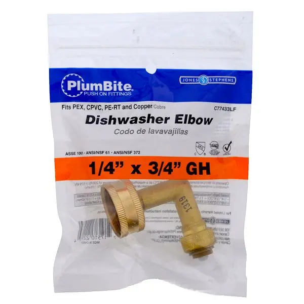 Jones Stephens 1/4" X 3/4" GH (Bagged) PlumBite Push On Dishwasher 90° 45 Degree Elbow, Lead Free, C77433LF