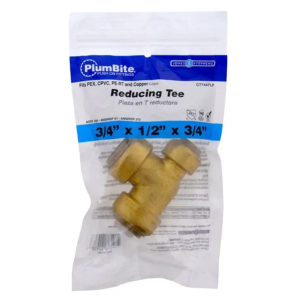 Jones Stephens 3/4" x 1/2" x 3/4" (Bagged) PlumBite Push On Cherry Reducing Cross Tee, Lead Free, C77447LF