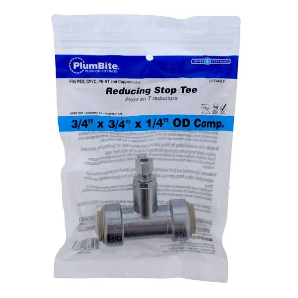 Jones Stephens 3/4" x 3/4" x 1/4" COMP (Bagged) PlumBite Push On Stop Tee, Lead Free, C77445LF