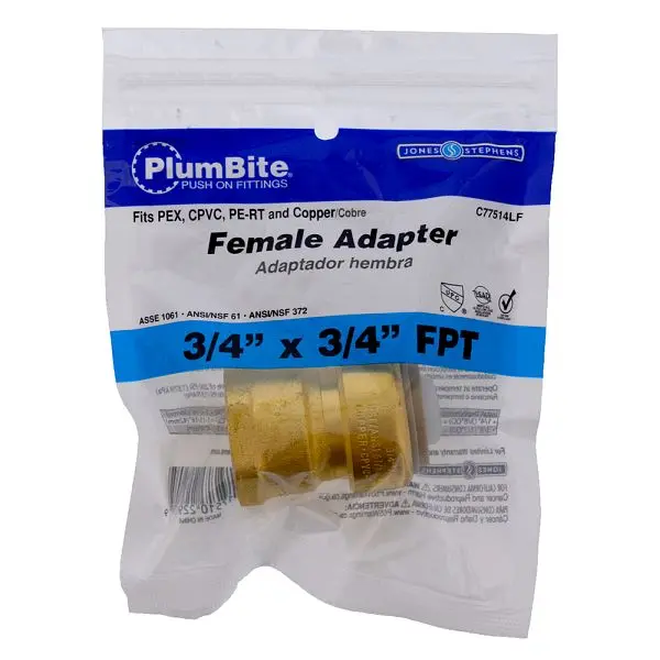 Jones Stephens 3/4" x 3/4" FPT (Pouchged) PlumBite Push On Modifyer, Lead Free, C77514LF