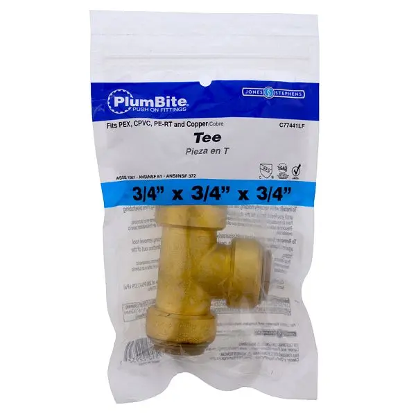 Jones Stephens 3/4" (Bagged) PlumBite Push On Tee, Lead Free, C77441LF