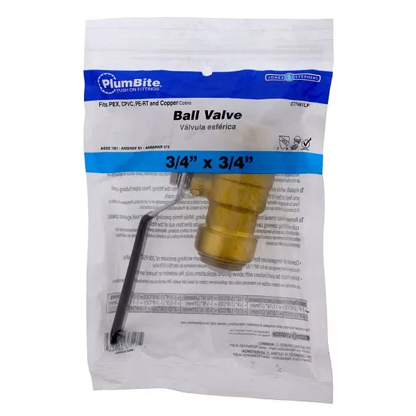 Jones Stephens 3/4" (Bagged) PlumBite Push On Ball Gate Valve, Lead Free, C77461LF