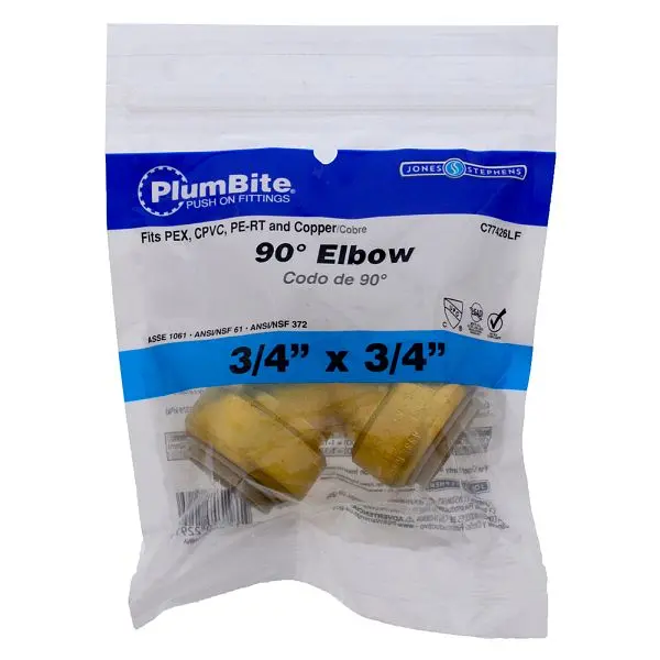 Jones Stephens 3/4" (Packageged) PlumBite Push On 90° Long Radius Elbow, Lead Free, C77426LF