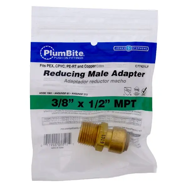 Jones Stephens 3/8" x 1/2" MPT (Bagged) PlumBite Push On Reducing Modifyer, Lead Free, C77421LF