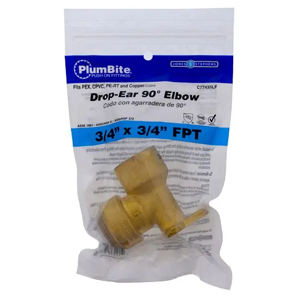 Jones Wide Stephens 3/4" FPT (Bagged) PlumBite Push On Drop Ear 90° Pipe Elbow, Lead Free, C77435LF Jones Stephens