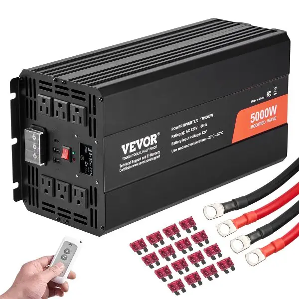 VEVOR Snap-On Modified Sine Wave Inverter, 5000W, DC 12V to AC 120V 6 AC Outlets 2 USB Port 1 Type-C Port, LCD Presentatio...