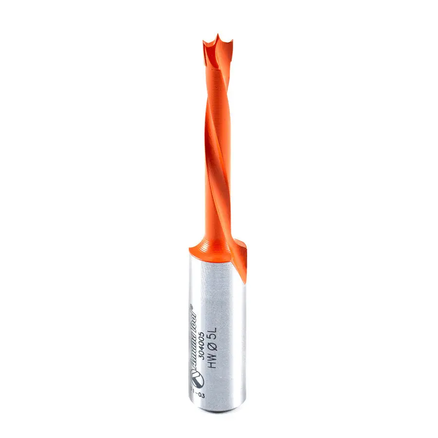 Amana Tool 304005 Carbide Tipped Brad Point Boring Bit L/H 5mm Dia x 70mm Tall x 10mm Shank