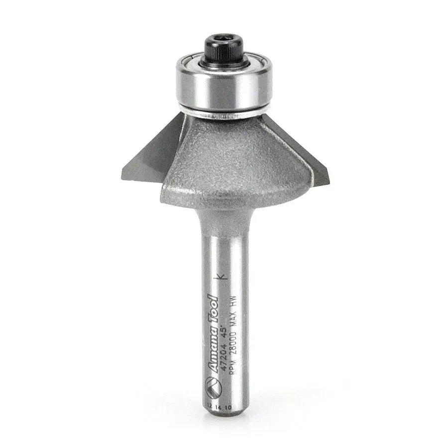 Amana Tool 47204 Carbide Tipped Bevel Laminate Trim 45 Deg x 1-1/16 Dia x 1/4 x 1/4 Inch Shank Ball Bearing