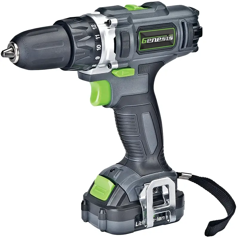 Genesis GLCD122P Drill/Driver, Battery Included, 12 V, 1300 mAh, 3/8 Chuck, Keyless, Sole Sleeve Chuck