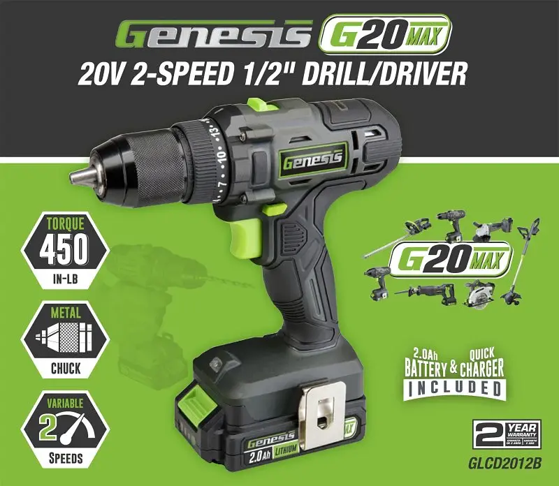 Genesis GLCD2012B Drill Driver, Battery Included, 20 V, 2 Ah, 1/2 Chuck, Ratcheting Chuck