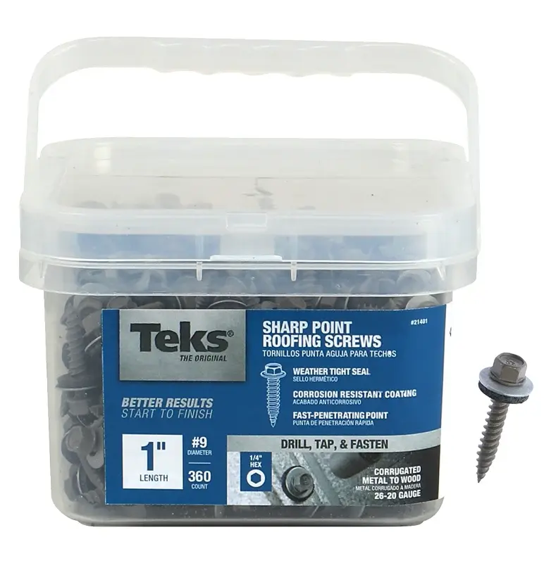 Teks 21401 Roofing Screw, #9 Thread, Hex Drive, Self-Tapping, Sharp Point, Alloy, Metallic