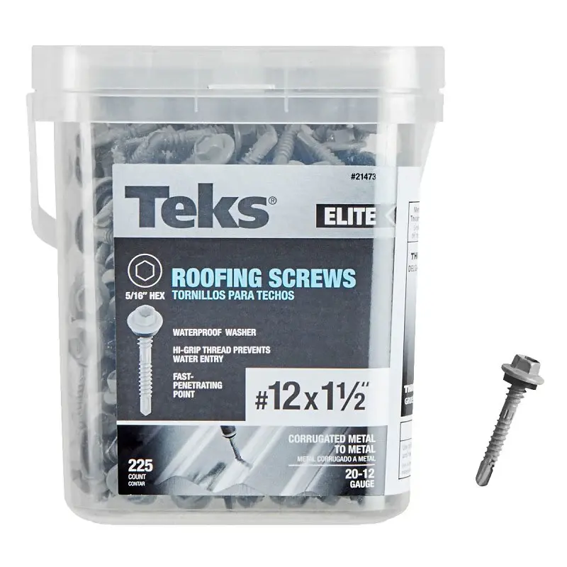 Teks Top-level Series 21473 Roofing Screw, 1-1/2 L, Coarse Thread, Washer Head, Hex Drive, Drill Point, Steel, 225