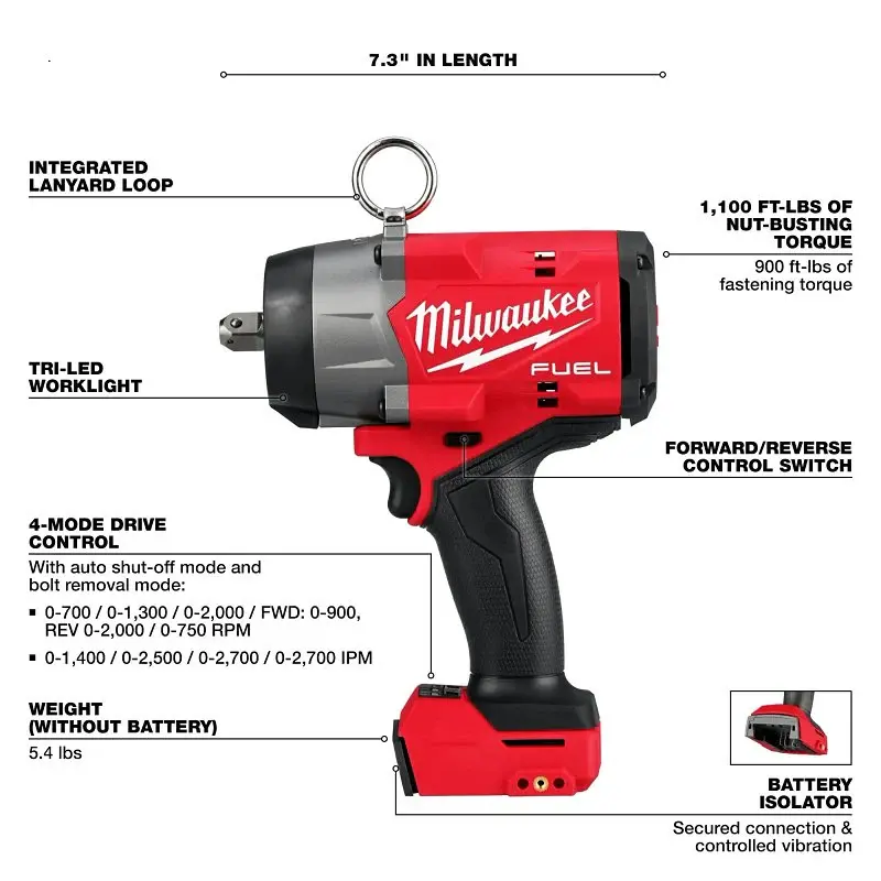 Milwaukee M18 FUEL 2966-20 High-Torque Impact Wrench Pin Detent, Tool Only, 1/2 Drive, 0 to 2700 ipm IPM