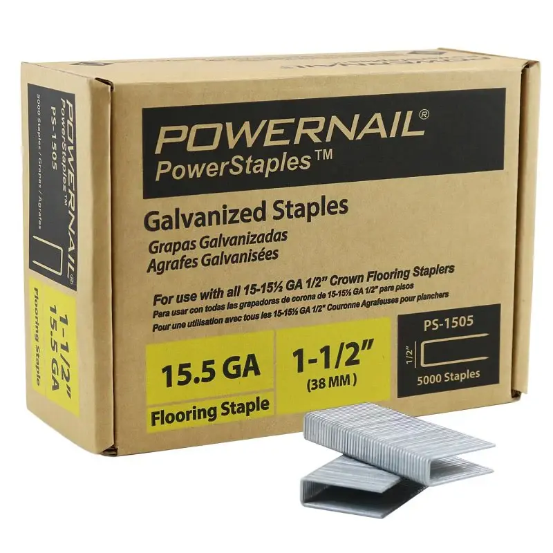 Powernail PowerStaples PS1505 Flooring Staple, 1/2 W Crown, 1-1/2 L Leg, 15.5 ga, Carbon-fiber Steel, Galvanized/Zinc