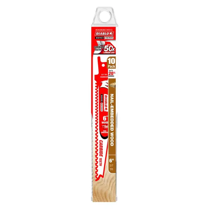 Diablo Demo Demon DS0606CWS10 Reciprocating Saw Blade, 1 W, 6 L, 5, 7 TPI, Carbide Cutting Edge